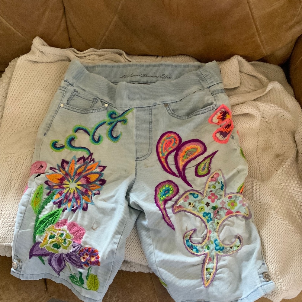 Embroidered denim shorts